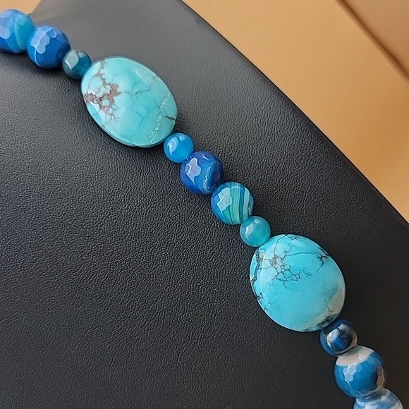 640 Cts Natural Turquoise & Blue Faceted Onyx Beaded Boho Gemstone Necklace - Picture 5 of 10